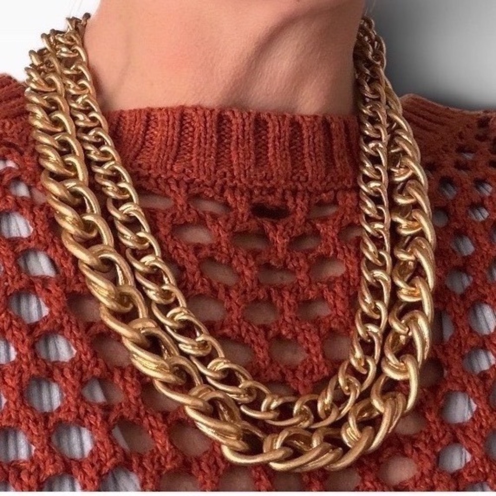 Zara Necklace Chunky Double Layer Curb Chain Gold Tone Mob Wife Statement OS